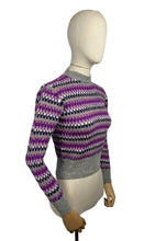 Load image into Gallery viewer, Reproduction 1930's Hand Knitted Long Sleeved Stripe Jumper in Silver Grey, Purple, White and Pink Pure Wool - Bust 34 36 *