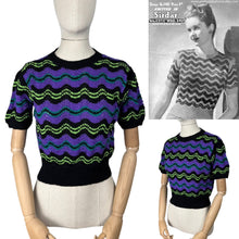 Load image into Gallery viewer, Reproduction 1940’s Hand Knitted Feather and Fan Striped Jumper in Black, Purple, Teal and Neon Green - Bust 36 38 40 *