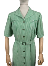 Load image into Gallery viewer, Original 1940's White and Green Candy Stripe Heavy Linen Button Front Belted Day Dress - Bust 40 42 *