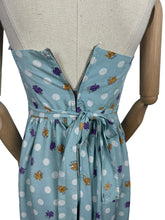 Load image into Gallery viewer, Original Late 1940's or Early 1950's Floral Border Print Dress and Bolero in Blue, Purple, Mustard, Black and White - Bust 32 33