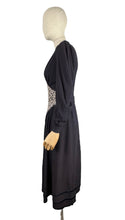 Load image into Gallery viewer, Original Late 1930's or Early 1940's Midnight Blue Crepe Day Dress with Long Sleeves and Amazing Soutache Waist Detail - Bust 34 35