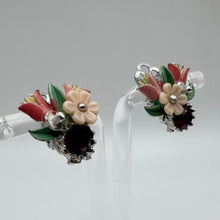Load image into Gallery viewer, Original 1950's Mid Century Enamel Flowers Earrings with Red Paste