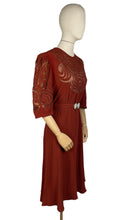 Load image into Gallery viewer, Original 1930's Burnt Orange Crepe Belted Day Dress with Cutout Detail - Bust 34 35 36