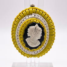 Load image into Gallery viewer, Original 1940's Yellow, Black and White Wartime Make Do and Mend Wirework Brooch with Cameo Middle *