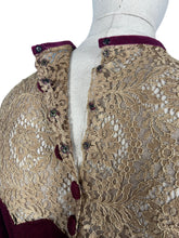 Load image into Gallery viewer, Absolutely Stunning Original 1930's Burgundy Chenille Dress With Bow Belt, Pointed Lace Yoke and Full Sleeves - Bust 34 35
