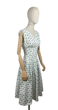 Load image into Gallery viewer, Original 1950’s White Cotton Sleeveless Day Dress with Blue Rosebud Print - Bust 36 37 *