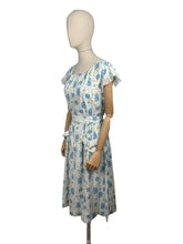 Load image into Gallery viewer, Original 1940's White and Blue Floral Cotton Button Back Belted Day Dress with Ruffle Trim - Bust 38