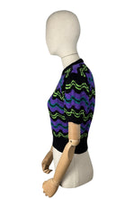 Load image into Gallery viewer, Reproduction 1940’s Hand Knitted Feather and Fan Striped Jumper in Black, Purple, Teal and Neon Green - Bust 36 38 40 *