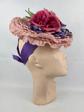 Load image into Gallery viewer, Fabulous Original 1940's New York Creations Pink Ruffle Straw Hat with Purple, Pink and Green Floral Trim