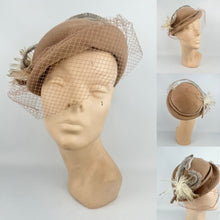 Load image into Gallery viewer, Original 1950's Light Brown Felt Hat with Half Face Net and Fluffy Feather Trim *