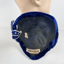 Load image into Gallery viewer, Exceptionally Beautiful Original 1950's Cobalt Blue Velvet Cocktail Hat with Silver Glitter Edged Flowers *