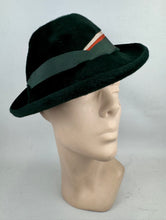 Load image into Gallery viewer, Original 1930's Dark Green Fur Felt Hat with Rust, Green and Ivory Grosgrain Trim - With Matching Scarf