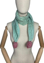 Load image into Gallery viewer, Original 1940's Hand Knitted Wool Scarf with Pretty Pom-pom Trim in Green & Pink
