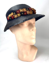 Load image into Gallery viewer, Original 1930's Blue Straw Hat with Burgundy, Cream and Blue Floral Trim *