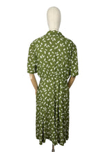 Load image into Gallery viewer, Original 1940's Green and Ivory Feather and Bow Novelty Print Dress - Bust 40
