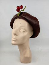 Load image into Gallery viewer, Original 1920's Brown Lacquered Straw Cloche with Upturned Brim and Cherry Trim *
