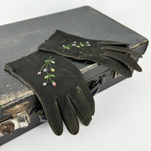 Load image into Gallery viewer, Vintage 1950's Black Suede Gloves with Floral Embroidery - Size 6.5 *