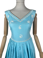 Load image into Gallery viewer, Original 1950's Turquoise Blue Cotton Dress with White Soutache by Carnegie - Bust 32 33 *