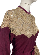 Load image into Gallery viewer, Absolutely Stunning Original 1930's Burgundy Chenille Dress With Bow Belt, Pointed Lace Yoke and Full Sleeves - Bust 34 35