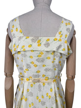 Load image into Gallery viewer, Original 1950's Yellow, Green and Brown Novelty Print Sleeveless Belted Day Dress with Roses, Birds and Birdcage Print - Bust 38 *