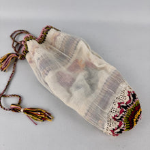 Load image into Gallery viewer, Antique Edwardian Crochet Drawstring Bag with Embroidered Floral Panels