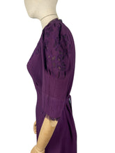 Load image into Gallery viewer, Original 1940's Cadbury Purple Crepe Full Length Evening Dress with Cutout Detail and Lace Trim - Bust 36 *
