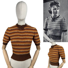 Load image into Gallery viewer, Reproduction 1940's Waffle Stripe Jumper with Bow Neck in Autumnal Shades of Brown and Rust with Cream Accent - Knitted from a Wartime Pattern - Bust 34 36