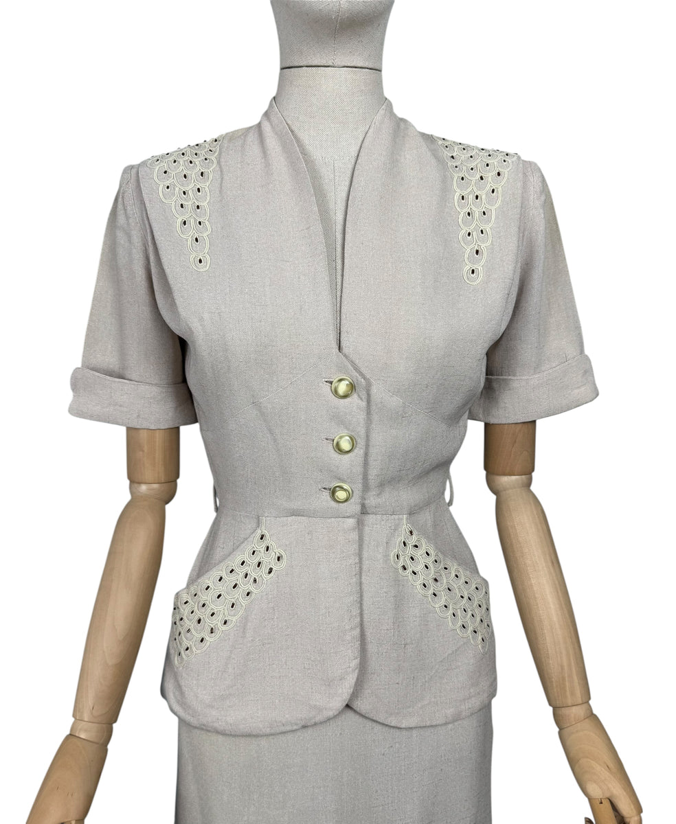 Original 1940's or 1950's Moygashel Linen Summer Suit with Beading