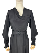 Load image into Gallery viewer, Original 1930's Black Crepe Long Sleeved Belted Day Dress with Scallop Detail - Bust 38