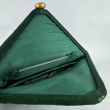 Load image into Gallery viewer, Stunning Original 1930's Forest Green Suede and Leather Five Sided Bag with Tassel Detail and Gold Clasp