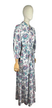 Load image into Gallery viewer, 1940’s White Cotton Belted Zip Front House Dress with Bold Floral Print in Pink, Black, Purple and Green - Bust 38 *