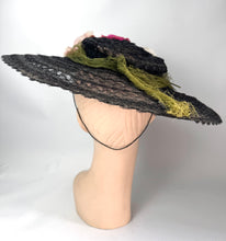 Load image into Gallery viewer, Original 1940's Black Mesh Pancake Hat with Pink Flower and Green Net Trim *