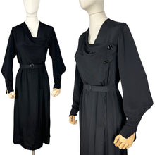 Load image into Gallery viewer, Original 1930's Black Crepe Long Sleeved Belted Day Dress with Scallop Detail - Bust 38