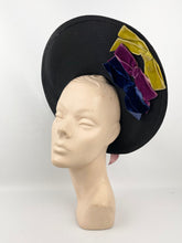 Load image into Gallery viewer, Utterly Exceptional American Made 1940s Black Straw Hat with Velvet Bow Trim in Purple, Ochre and Cerise