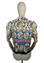 Load image into Gallery viewer, Reproduction 1940's Cotton Boarder Print Blouse in Bold Floral in Black, Green, Blue, Pink, Black and Yellow - Bust 34