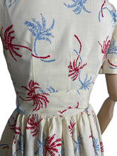 Load image into Gallery viewer, Original Petite Fitting 1940's 1950's Novelty Print Dress and Jacket Set with Palm Tree Print in Red, White and Blue Cotton Rayon - Bust 32"