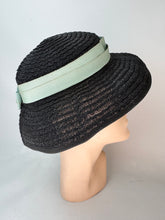 Load image into Gallery viewer, Original Late 1940's Black Straw Hat with Seafoam Green Grosgrain Trim *