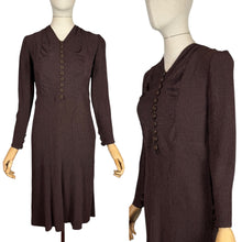 Load image into Gallery viewer, Original 1930's Dark Brown Satin Backed Crinkle Crepe Day Dress with Glass Buttons - Bust 32 34