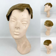 Load image into Gallery viewer, Original 1950's Padded Clam Shell Hat in Old Gold Velvet and with Sequin Trim *