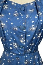 Load image into Gallery viewer, Original 1950's Blue Silk Wiggle Dress with Floral Print in White and Black - Bust 36 *