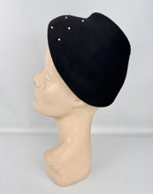 Load image into Gallery viewer, Original 1950's Inky Black Felt Hat with Faux Pearl Beads and Side Bow *