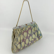 Load image into Gallery viewer, Original 1950's Gold Chiffon Bag with Beautiful Pink and White Beaded Frame and Clasp