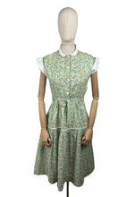 Load image into Gallery viewer, Original Late 1940's or Early 1950's Green Cotton Belted Day Dress with Leaf Print in Black, White, Red and Blue - Bust 34 *
