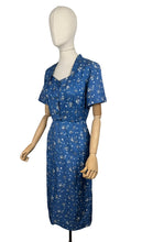 Load image into Gallery viewer, Original 1950's Blue Silk Wiggle Dress with Floral Print in White and Black - Bust 36 *