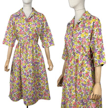 Load image into Gallery viewer, Original 1950’s Volup Vibrant Floral Day Dress in Orange, Purple, Yellow and Green on White - Bust 44