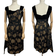Load image into Gallery viewer, Original 1950's Elizabeth Henry of London Black and Metallic Gold Wiggle Cocktail Dress with Back Drapes - Bust 36