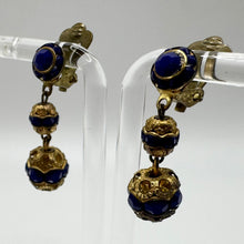 Load image into Gallery viewer, Original 1930's 1940's Blue Glass Clip on Dangle Earrings on Gold Tone Metal
