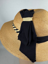 Load image into Gallery viewer, Original 1930's Natural Straw Hat with Navy and Ivory Grosgrain Trim