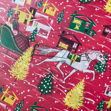 Load image into Gallery viewer, Original Vintage Colourful Christmas Wrapping Paper - Red Base with a Wintry Scene of Horse and Carriage with Houses and Trees