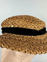 Load image into Gallery viewer, Wounded but Wearable Original 1940's 1950's Natural Straw Sunhat with Soft Black Velvet Ribbon Trim